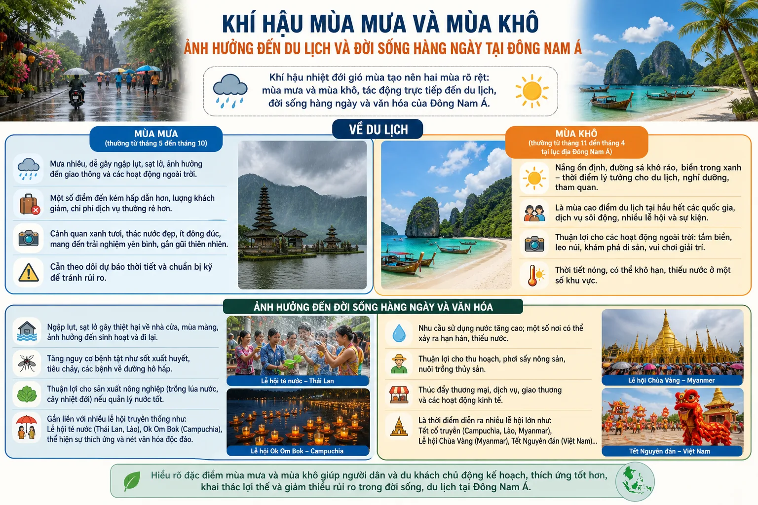 Khí hậu mùa mưa và mùa khô ảnh hưởng đến du lịch và đời sống hàng ngày tại Đông Nam Á ra sao?
